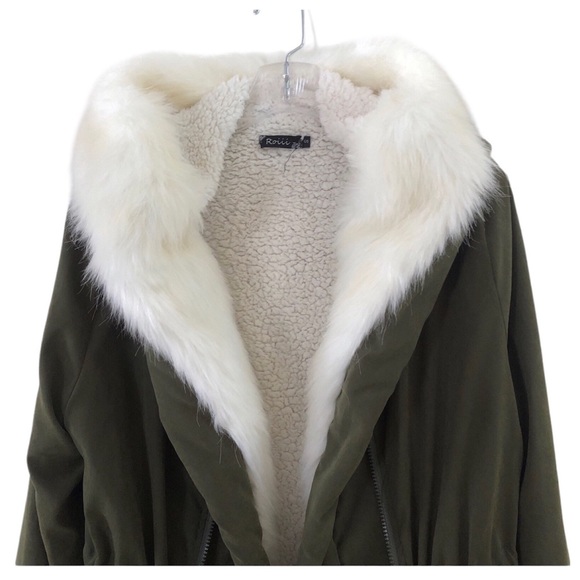 Roiii Womens Green Hooded Parka Coat Faux Fur Trim Sherpa Fleece Lining Zipper - Picture 12 of 16
